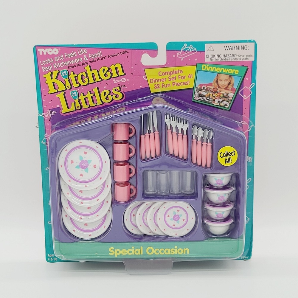 NEW Tyco Kitchen Littles Purple Flower Print Dinnerware Dish Set Vintage 1995